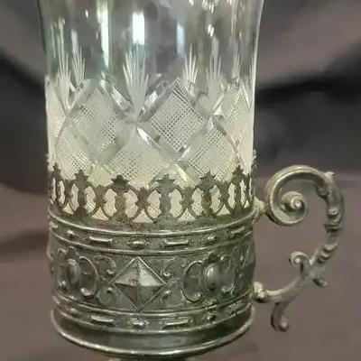 Cut Glass Cup with Ornate Metal Holder, Ottoman-Style / Islamic Revival Design