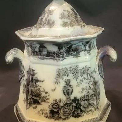 W. Adams & Sons “Jeddo” Ironstone Covered Jar with Black Transferware Design