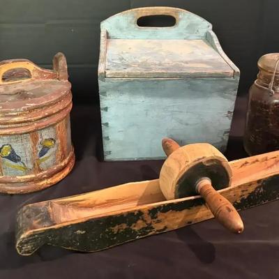 Antique Woodenware & Glass Collection Featuring Swedish Hand-Painted Box