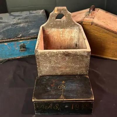 Collection of Four Antique Wooden Boxes – Including 1849 Dated Chest & Blue Painted Desk Box