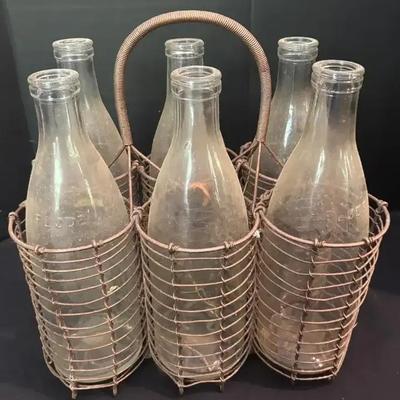 1930–40s Danish Milk Bottles in Wire Carrier