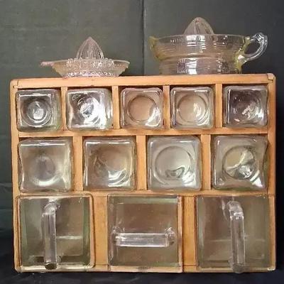 1940s Wooden Spice Rack with Glass Containers & Juicers