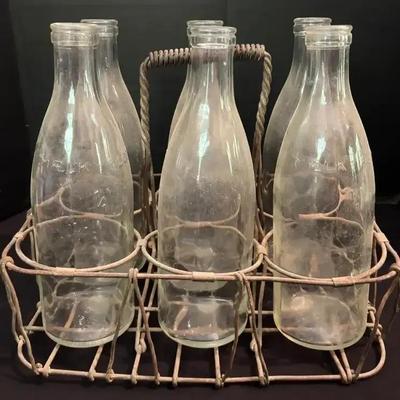 Vintage Danish Milk & Cream Bottles with Wire Carrier