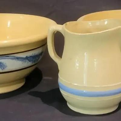 Stoneware Mixing Bowls & Pitcher with Blue Accents
