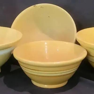 Set of Four Antique Yellow Ware Mixing Bowls with Banded Decoration
