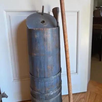 Blue Painted Wooden Butter Churn with Lid and Plunger