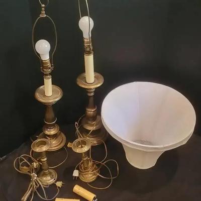 Tall Brass Lamps with Shades & Two Smaller Accent Lamps