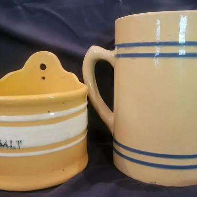 Yellow Ware Salt Box & “Buckeye 100% Pure” Blue-Banded Pitcher