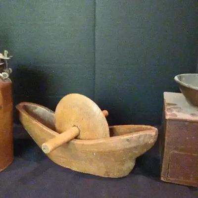 Kitchenware Trio – Copper Milk Can Churn, Wooden Herb Crusher & Coffee Grinder