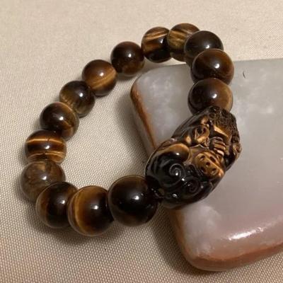 MFS124 Polished Tiger’s Eye Stone Beaded Bracelet With Foo Dog New