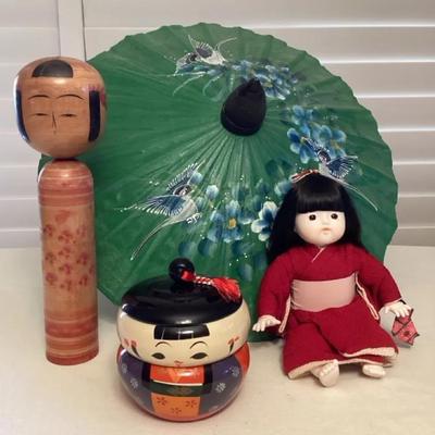 MFS044 Japanese Kokeshi Doll, Doll, Bowl Set & Chinese Umbrella 