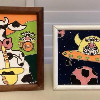 MFS103 Two Framed Original Paintings Of Whimsical Cows