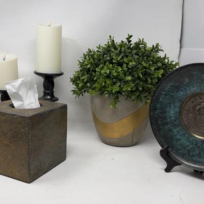 Metal And Resin Decor Pot, Plate, Candle Holders And Tissue Box