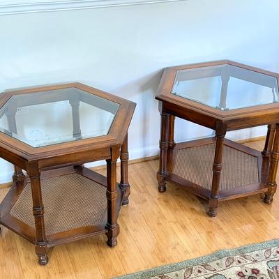 Pair of Vintage Hexagon Glass-Top Side Tables