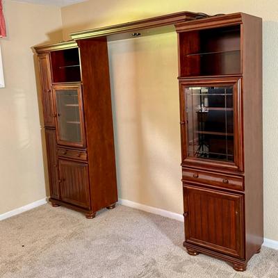 American Signature Cherry Wood Entertainment Wall Unit with Glass Display & Media Storage