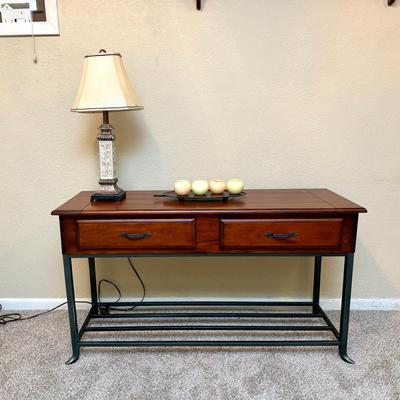 Rustic Console Table with Metal Base, PartyLite Leaf Tray, Lamp & Candles