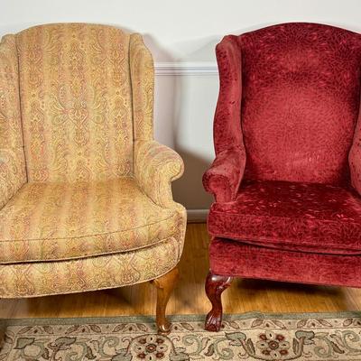 Pair of Vintage Wingback Chairs – Paisley Tapestry & Red Velvet Upholstery