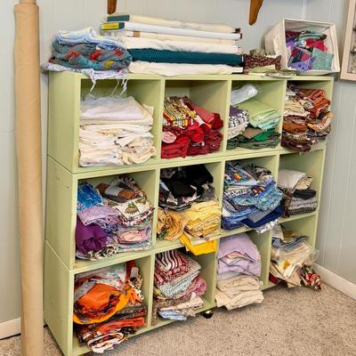 Large Lot of Quilting & Sewing Fabric + Rolling Cubby Shelf