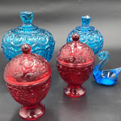Avon Glass Dishes - Red & Blue with Swan