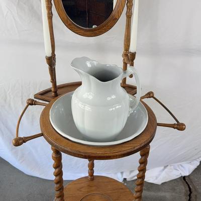 Antique Washstand with Mirror, Pitcher & Basin 