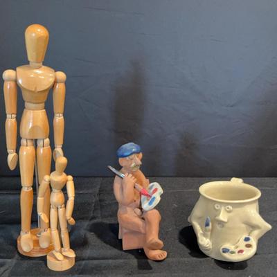 Artists Wooden Mannequin, Rizzo Figurine & Bledsoe Mug