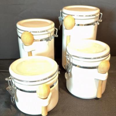 Collection of Ceramic Dry Goods Storage Jars w/ Wooden Scoops