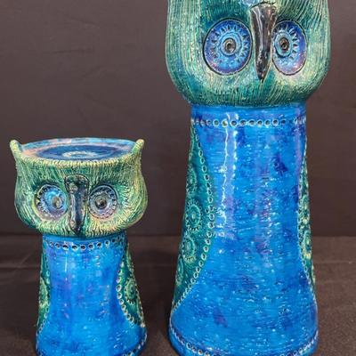 Rosenthal Netter Bitossi Rimini Blue/Green Pottery Owl Candle Holders