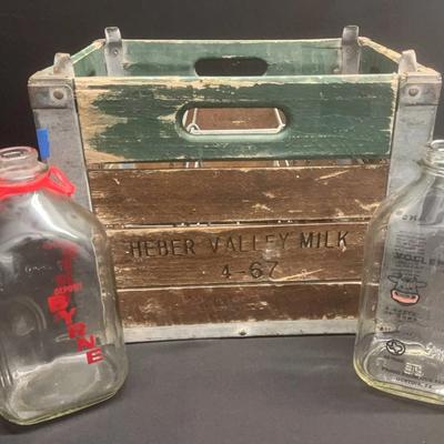 Vintage Wooden Milk, Crate And 2 One Gallon Glass Milk Bottles