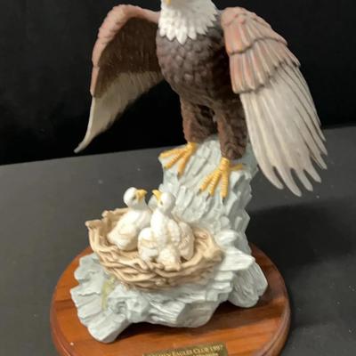 Beautiful Porcelain Golden Eagles Club 10” Statue With Wood Base, Crystal Cathedral Ministries, 1997