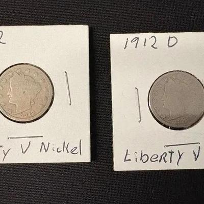 Two U.S. Liberty V Nickels 1912 And 1912 D