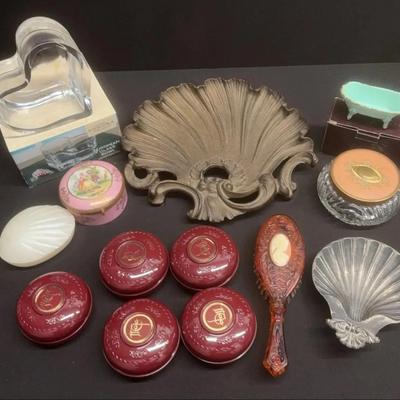 Collection of vintage vanity, accessories, and decor