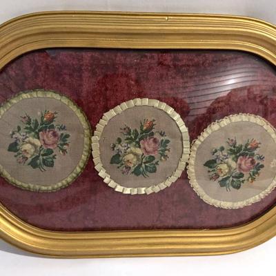 Set of 3 antique circa 1880s petite needlepoint embroidery flora framed in bubble glass