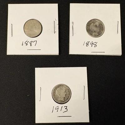 Three Historic U.S. Silver Dimes Seated Liberty And Barber Head Type Coins 90% Silver