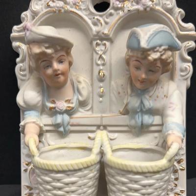 1945 -1952 Chase Company porcelain colonial, man woman with baskets wall match holder Occupied Japan