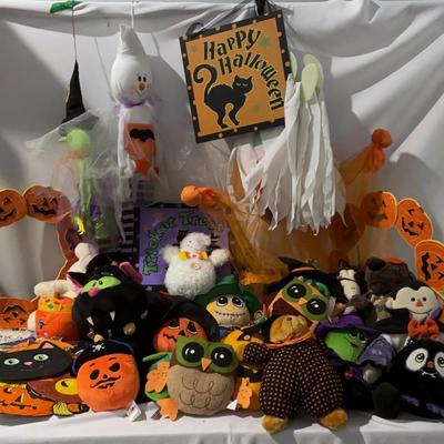 Large lot of Halloween wall, hangers, plush toys, like ghost, pumpkins, monsters, and more