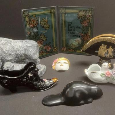 Collection Of Ceramic Decor, Including A Hand Made Signed Glass Rose Slipper