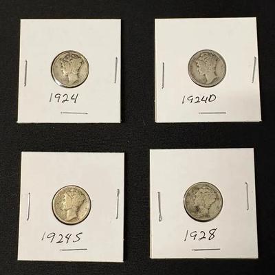 Four U.S. Silver Mercury Dimes Coins 90% Silver