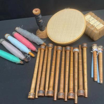 Collection of antique industrial wooden spindles, old quilt candle holders, souvenir, miniature cotton