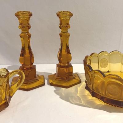vintage Fostoria, Amber Glass Coin Bowl, Candlesticks, And Creamer