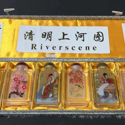 6 Japanese Glass Riverscene Inside Painted Snuff Bottles
