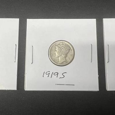 Three US silver Mercury dimes coins 90% silver 1918, 1919 and 1926