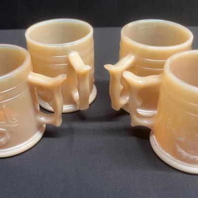 Four vintage 1980s legendary Whataburger nickel coffee promotional mug butterscotch milk glass