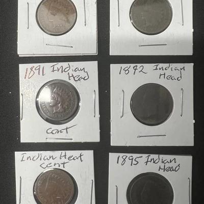 Six Indian Head Cents 1889 1890 1891, 1892, 1893 And 1895