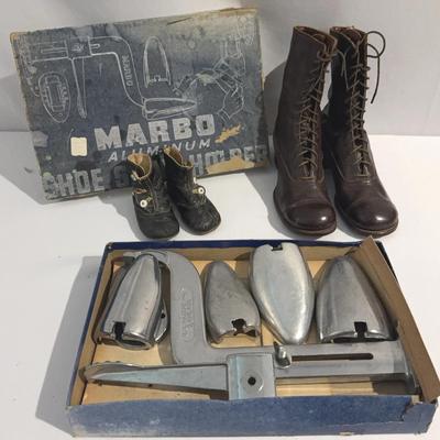 Old-fashioned Red goose, small Victorian lace up shoes and baby shoes plus shoe shine Holder