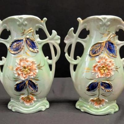 2 antique Circa Late 1800’s Porcelain Double Handled Vases Made in Germany Galluba & Hofmann