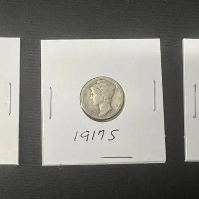 3 US Silver Mercury Dime Coins 90% Silver 1917
