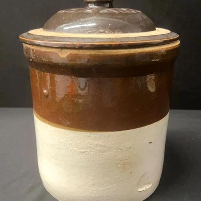 Antique farmhouse, stoneware crock with lid tone, 1 gallon, rustic primitive
