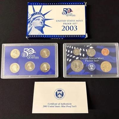 2003 U.S. Mint Proof Set Complete 10 Coins Set, COA And Original Blue Mint Paper Box