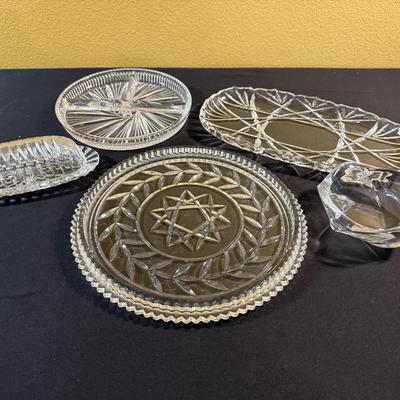 A Lovely Set Of Glass Platters And Covered Butter Dish 