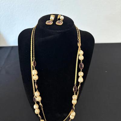 Purple Glass & Faux Pearl Station Necklace & Earrings